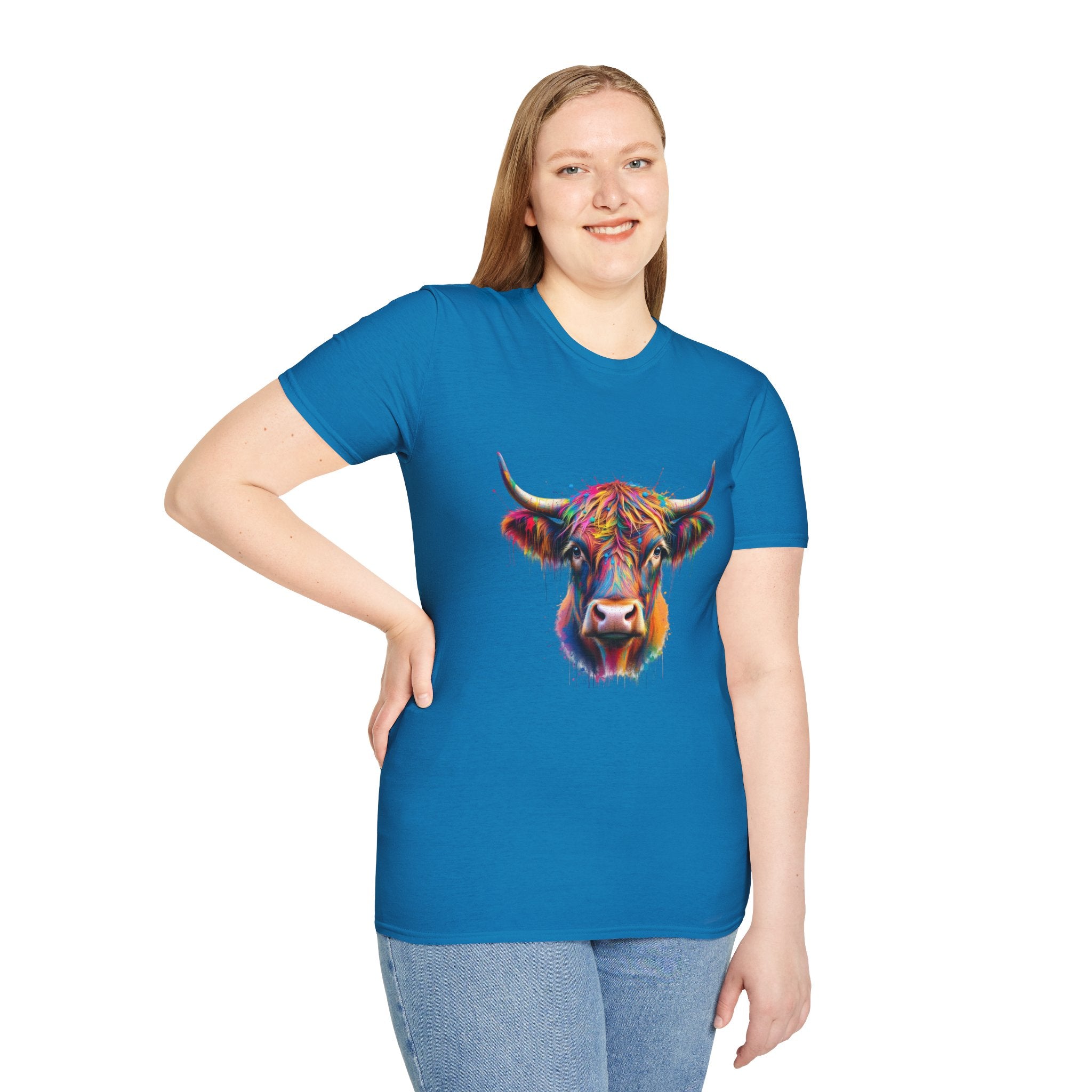 Highland Cow Graphic T-Shirt, Fun Farm Animal Tee, Cute Gift for Cow Lovers, Unisex Softstyle Shirt for Casual Wear