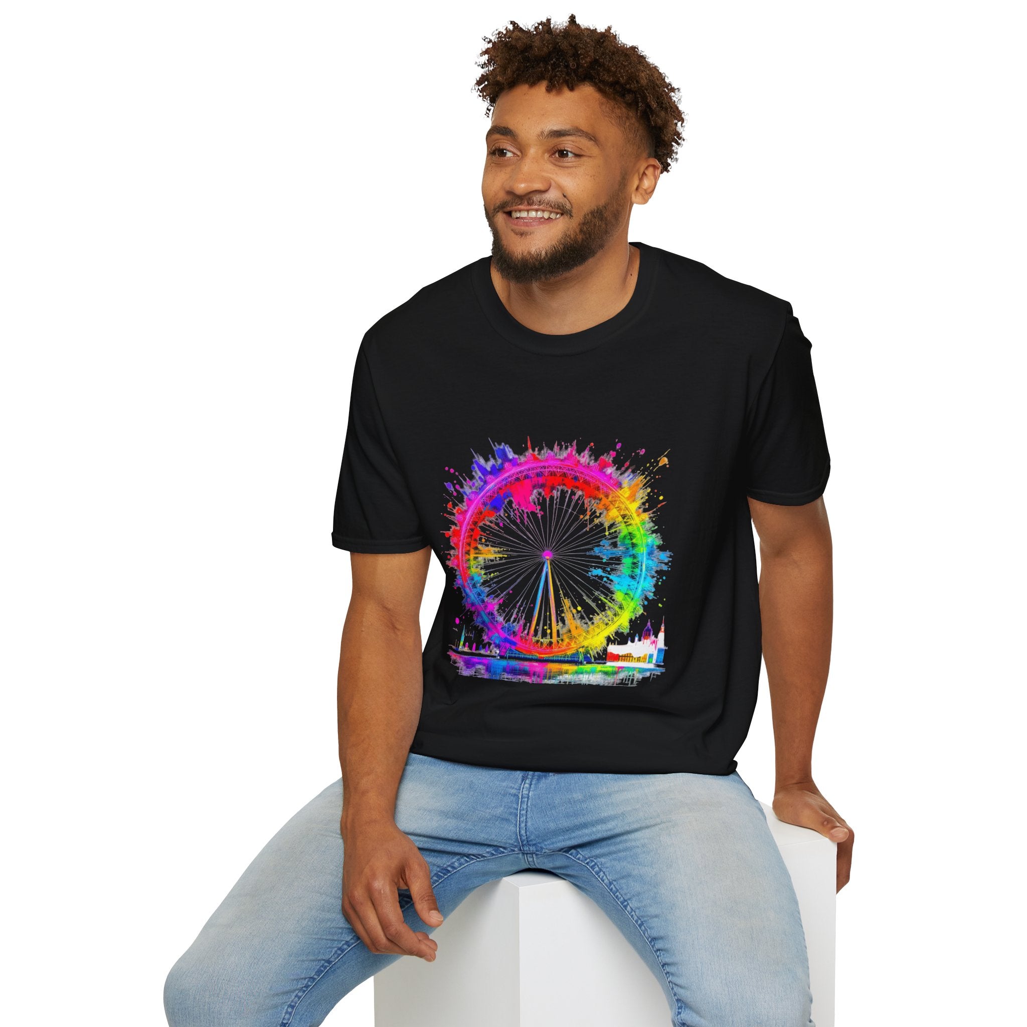 Colorful Watercolor London Eye Unisex Softstyle T-Shirt, Casual Tee, Graphic Shirt, Gift for Travel Lovers, Birthday Gift, Rainbow Art Shirt
