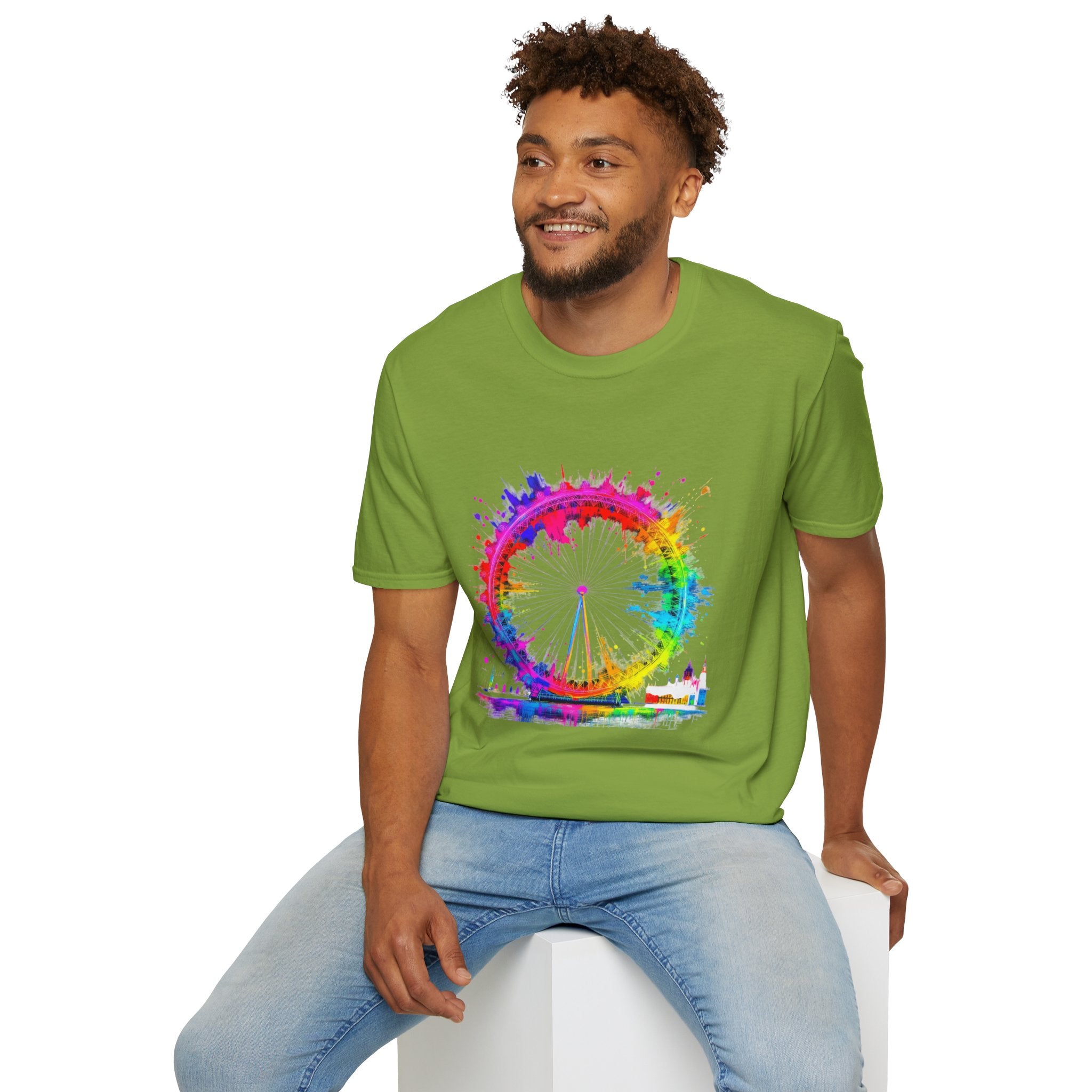 Colorful Watercolor London Eye Unisex Softstyle T-Shirt, Casual Tee, Graphic Shirt, Gift for Travel Lovers, Birthday Gift, Rainbow Art Shirt