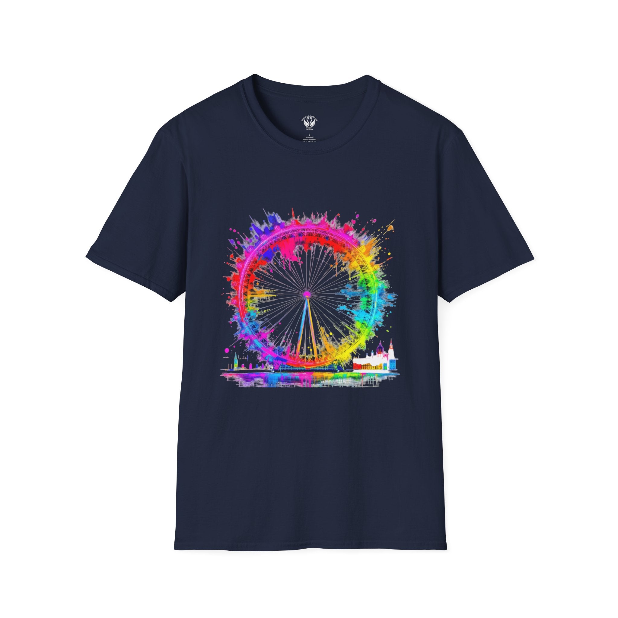Colorful Watercolor London Eye Unisex Softstyle T-Shirt, Casual Tee, Graphic Shirt, Gift for Travel Lovers, Birthday Gift, Rainbow Art Shirt