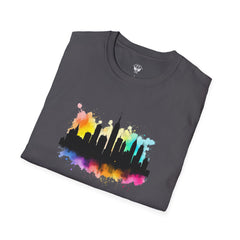 Colorful Skyline Unisex Softstyle T-Shirt | Urban Vibe Shirt | Gift for City Lovers | Summer Fashion | Streetwear