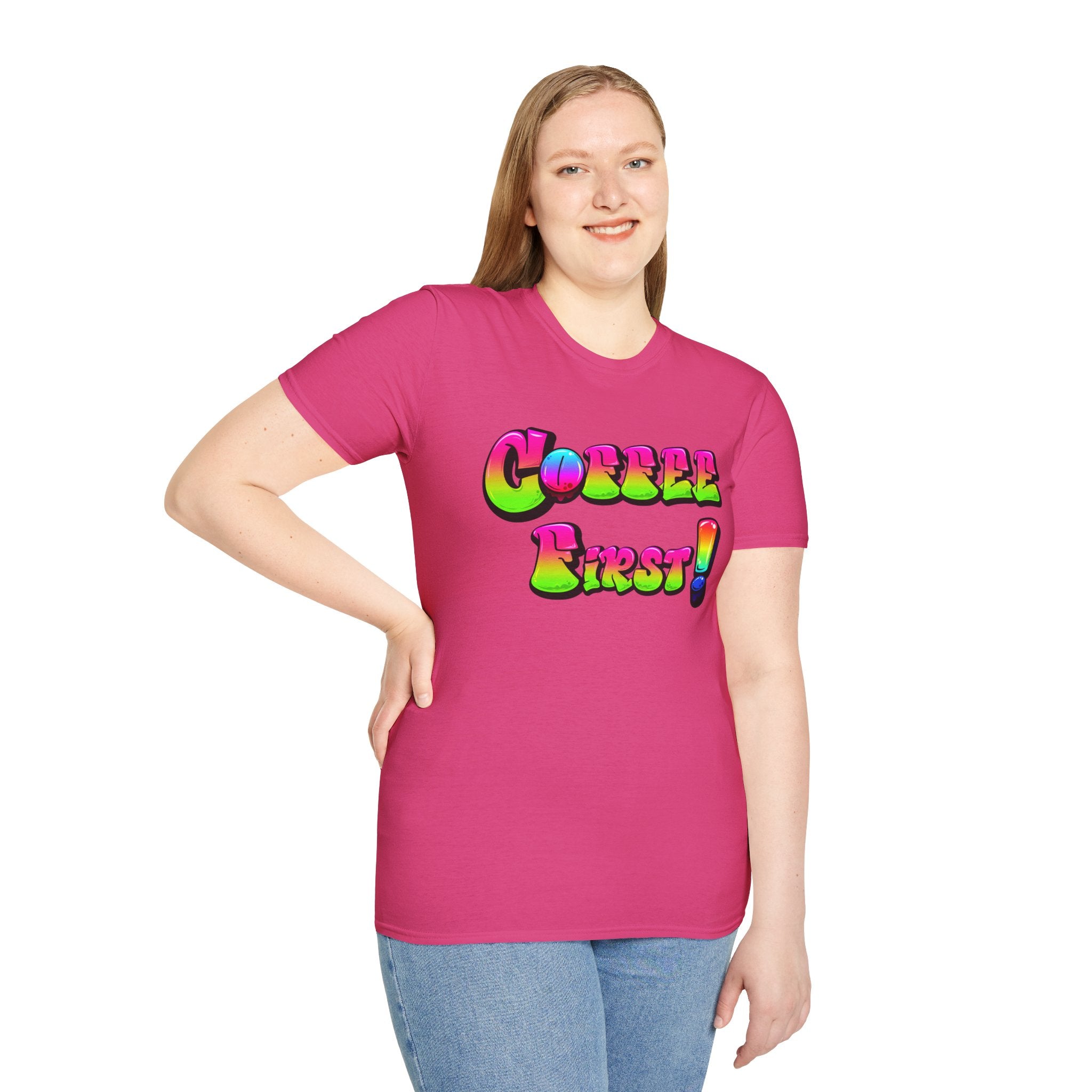 Coffee First Unisex Softstyle T-Shirt, Funny Graphic Tee, Gift for Coffee Lovers, Casual Wear, Perfect for Birthdays, Everyday Comfort