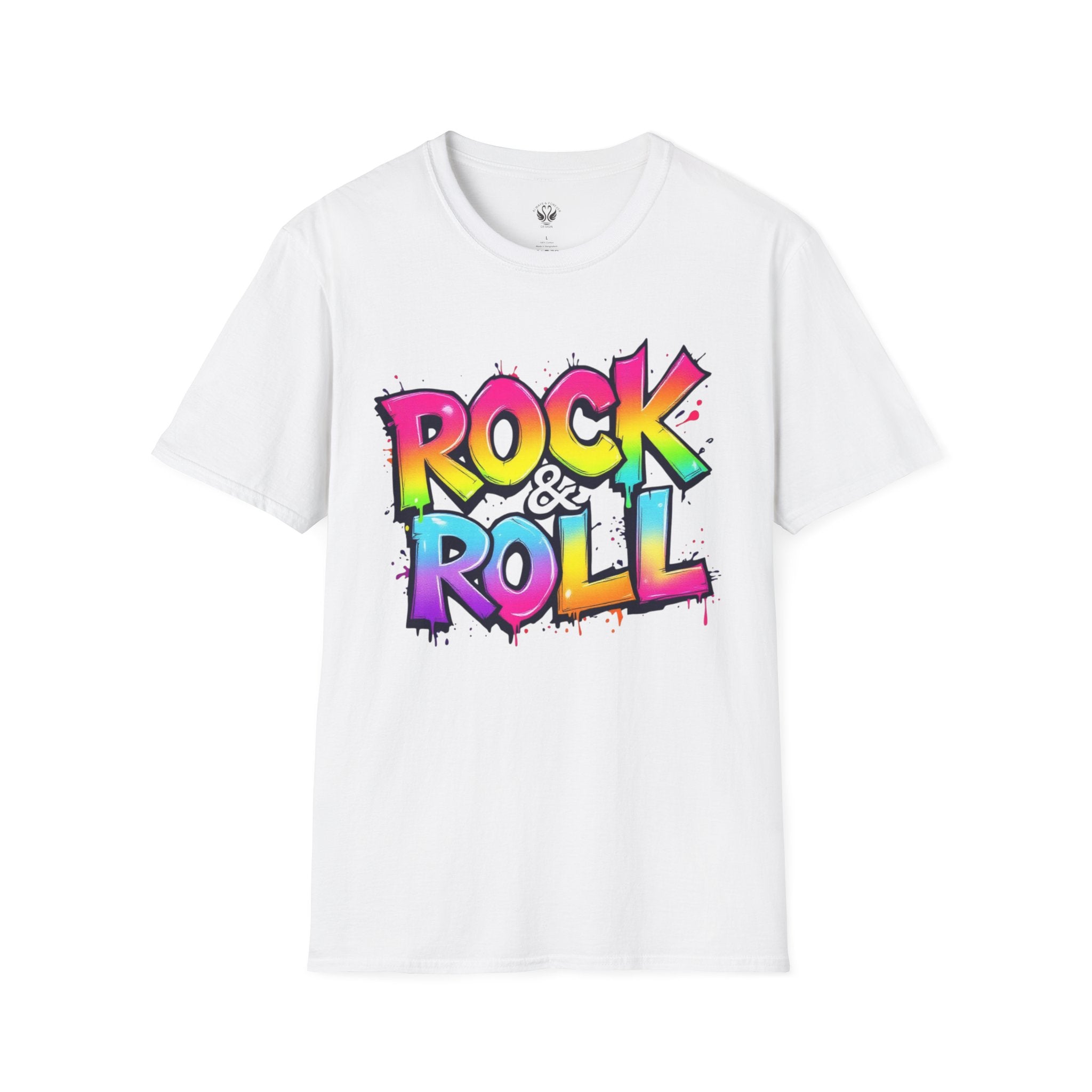 Colorful Rock & Roll Unisex Softstyle T-Shirt, Retro Tee, Music Lover Gift, Festival Wear, Rock Concert Apparel, Unisex Graphic Tee