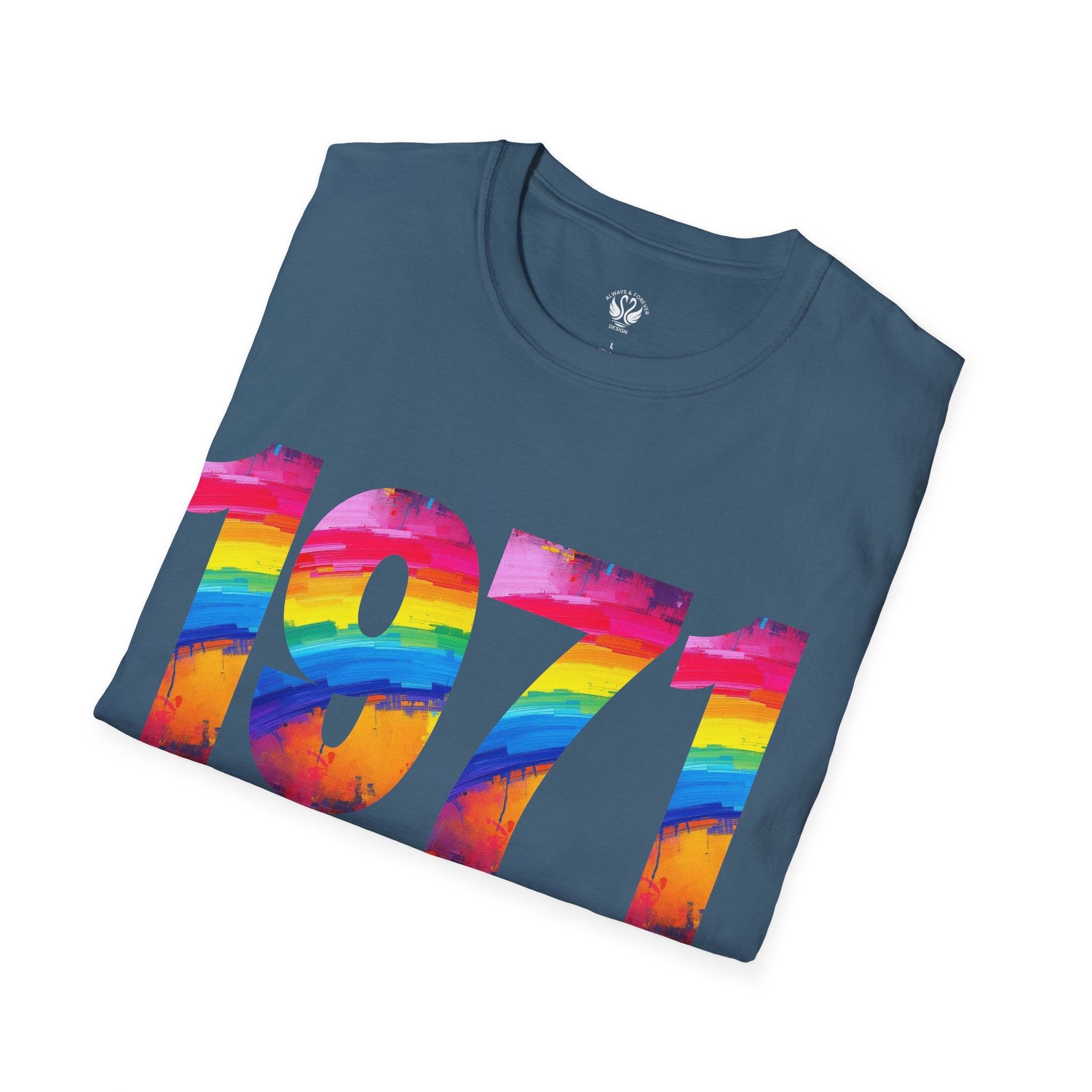 Rainbow Retro 1971 Unisex Softstyle T-Shirt | Colorful Vintage Tee for Pride, Birthdays, Casual Wear, and Everyday Style