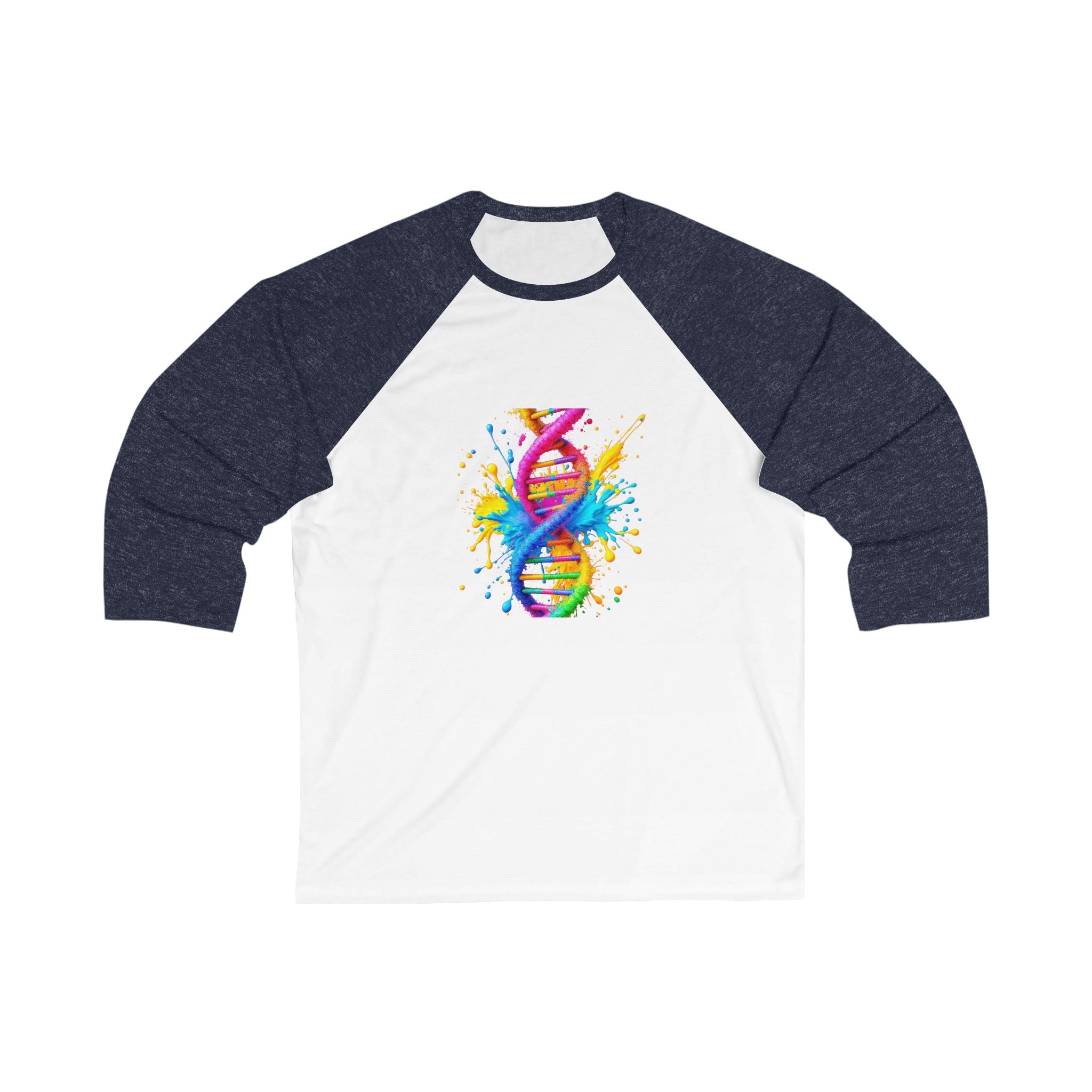 Colorful DNA Splash Baseball Tee for Science Lovers, Unisex Casual Shirt, Gift for Geneticists, Graduation Tee, STEM Inspired Apparel