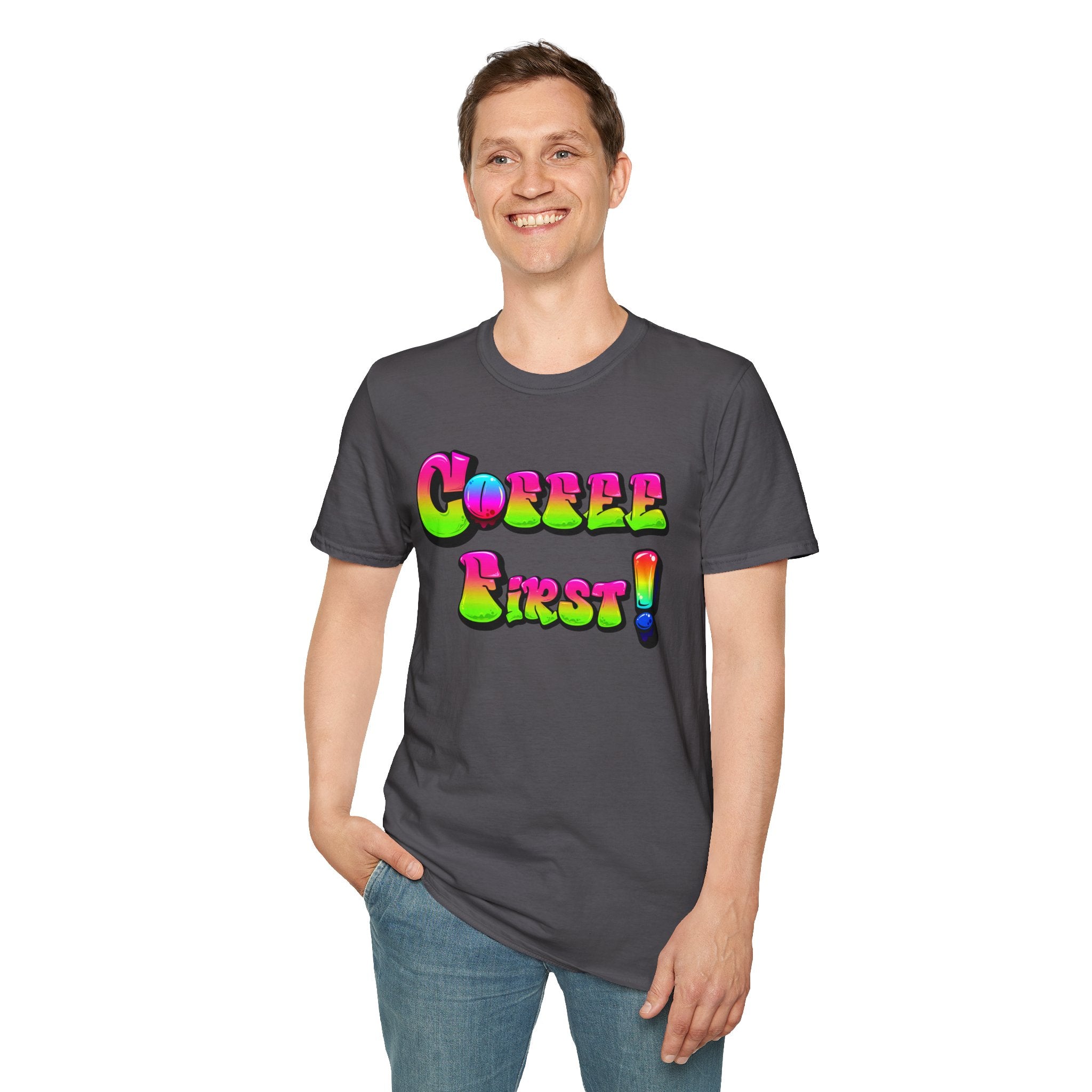 Coffee First Unisex Softstyle T-Shirt, Funny Graphic Tee, Gift for Coffee Lovers, Casual Wear, Perfect for Birthdays, Everyday Comfort
