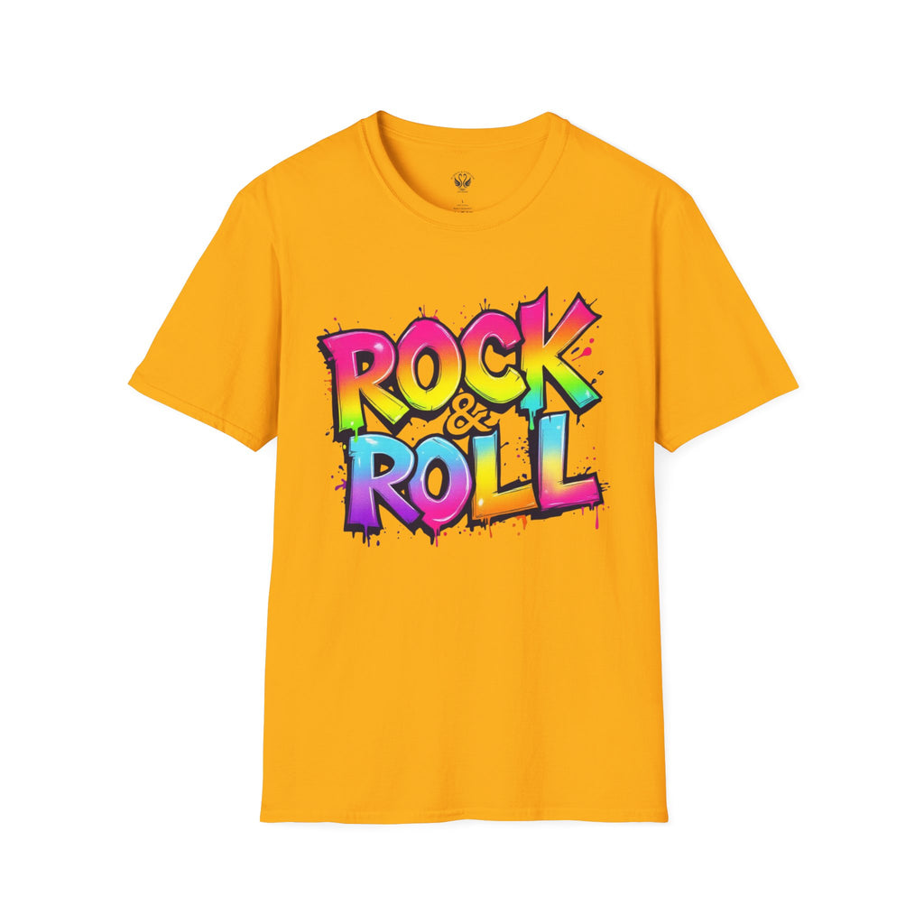Colorful Rock & Roll Unisex Softstyle T-Shirt, Retro Tee, Music Lover Gift, Festival Wear, Rock Concert Apparel, Unisex Graphic Tee