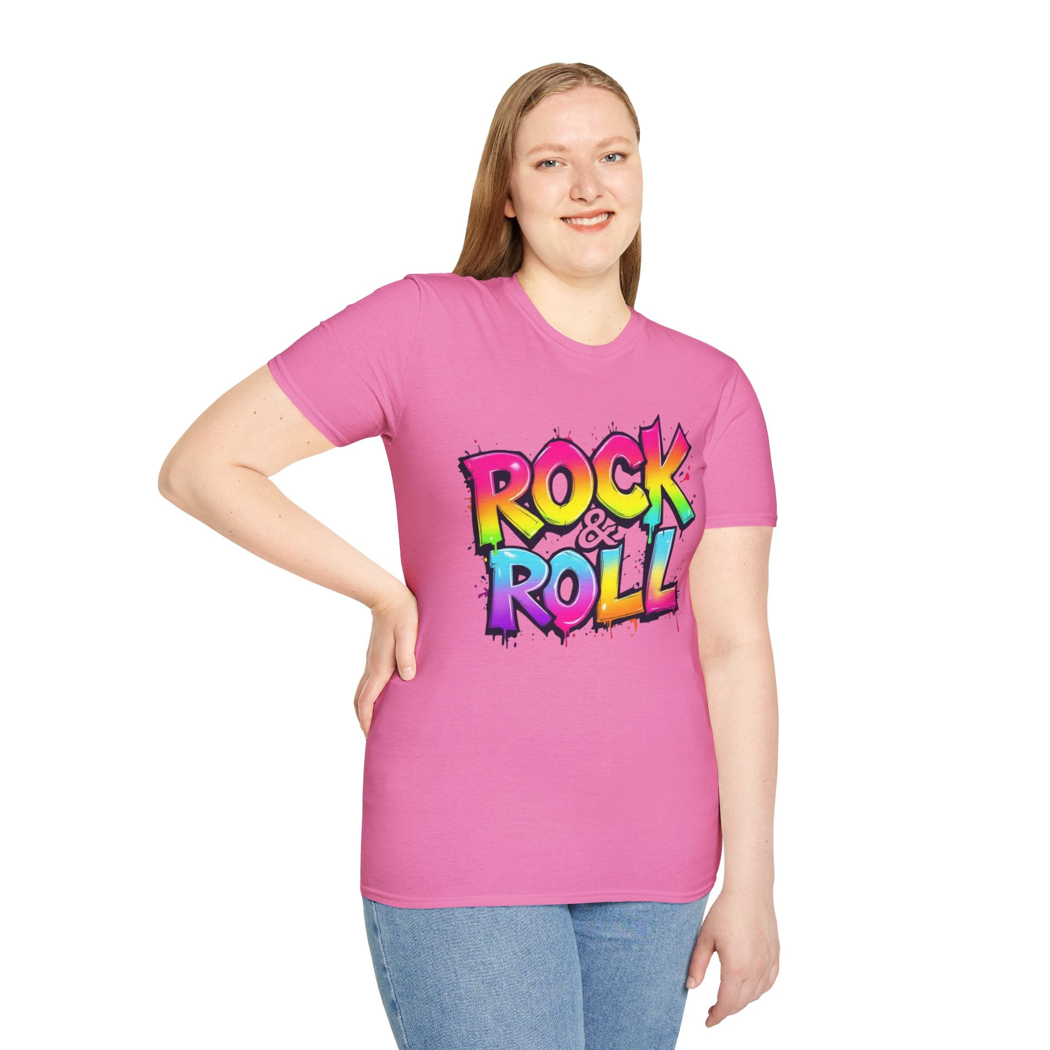 Colorful Rock & Roll Unisex Softstyle T-Shirt, Retro Tee, Music Lover Gift, Festival Wear, Rock Concert Apparel, Unisex Graphic Tee
