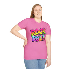 Colorful Rock & Roll Unisex Softstyle T-Shirt, Retro Tee, Music Lover Gift, Festival Wear, Rock Concert Apparel, Unisex Graphic Tee