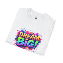 Dream Big Unisex Softstyle T-Shirt, Motivational Tee, Inspirational Apparel, Gift for Dreamers, Rainbow Design, Everyday Wear