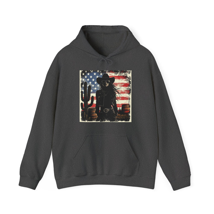 Western Cowboy Hoodie - Unisex Heavy Blend Sweatshirt, American Flag Design, Fashion Statement, Gift for Him, Cozy Apparel