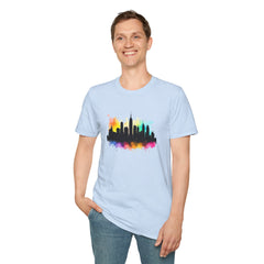 Colorful Skyline Unisex Softstyle T-Shirt | Urban Vibe Shirt | Gift for City Lovers | Summer Fashion | Streetwear
