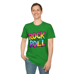 Colorful Rock & Roll Unisex Softstyle T-Shirt, Retro Tee, Music Lover Gift, Festival Wear, Rock Concert Apparel, Unisex Graphic Tee