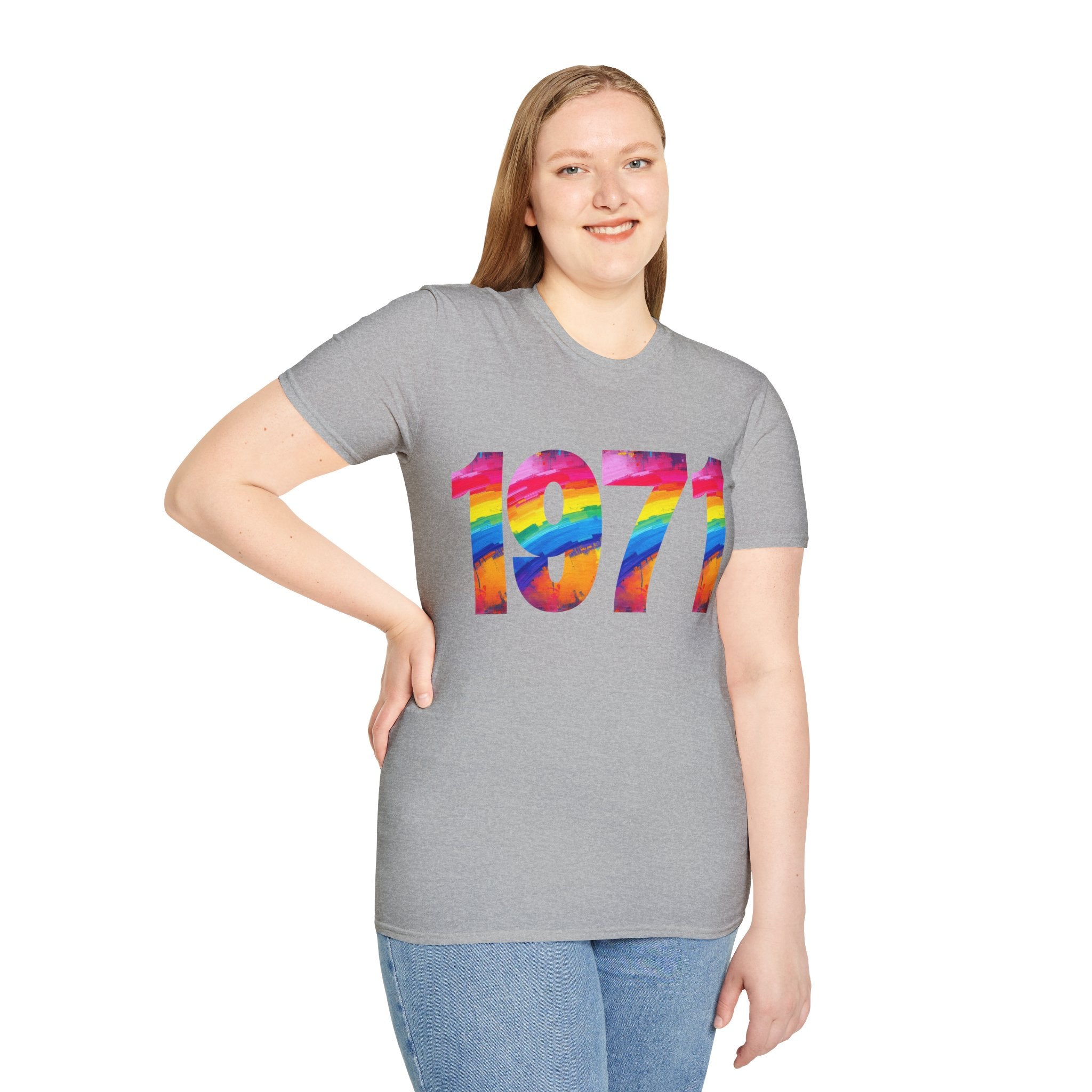 Rainbow Retro 1971 Unisex Softstyle T-Shirt | Colorful Vintage Tee for Pride, Birthdays, Casual Wear, and Everyday Style