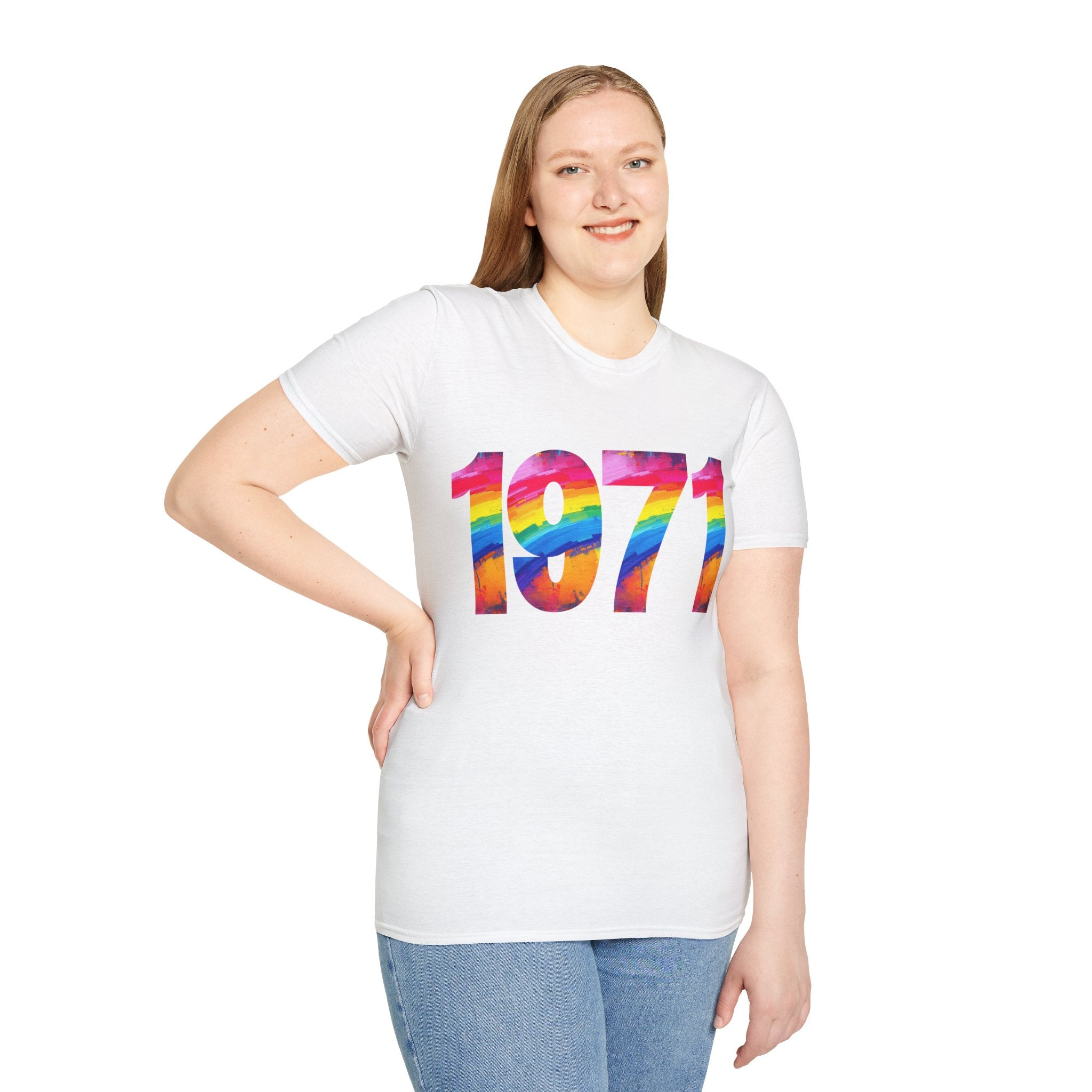 Rainbow Retro 1971 Unisex Softstyle T-Shirt | Colorful Vintage Tee for Pride, Birthdays, Casual Wear, and Everyday Style