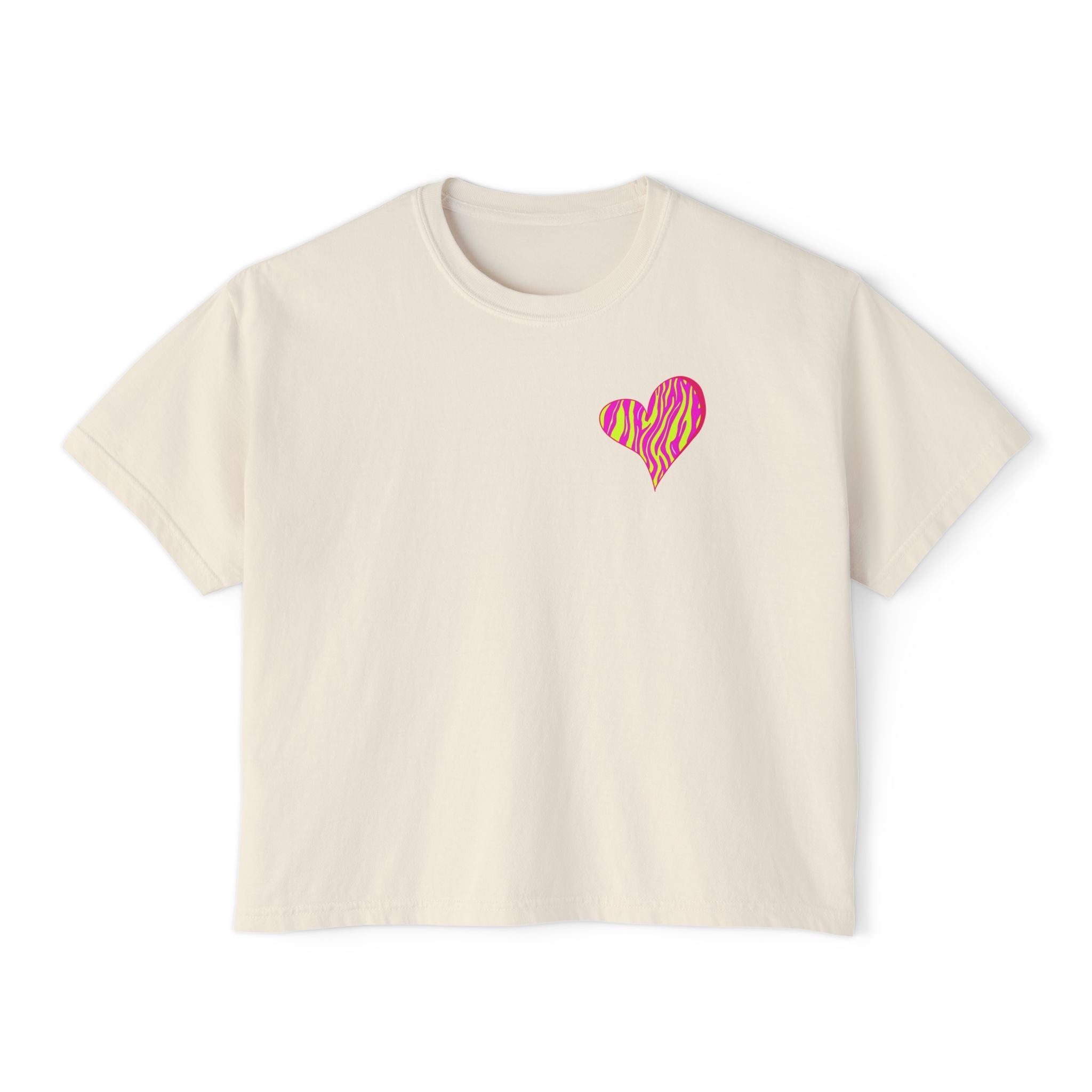 Women's Boxy Tee with Vibrant Heart and Pattern - Casual Summer Top, Gift for Her, Trendy Tee, Everyday Wear, Heart Print Shirt