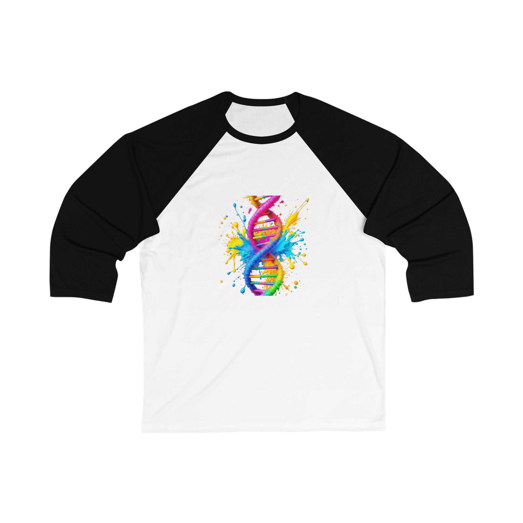 Colorful DNA Splash Baseball Tee for Science Lovers, Unisex Casual Shirt, Gift for Geneticists, Graduation Tee, STEM Inspired Apparel