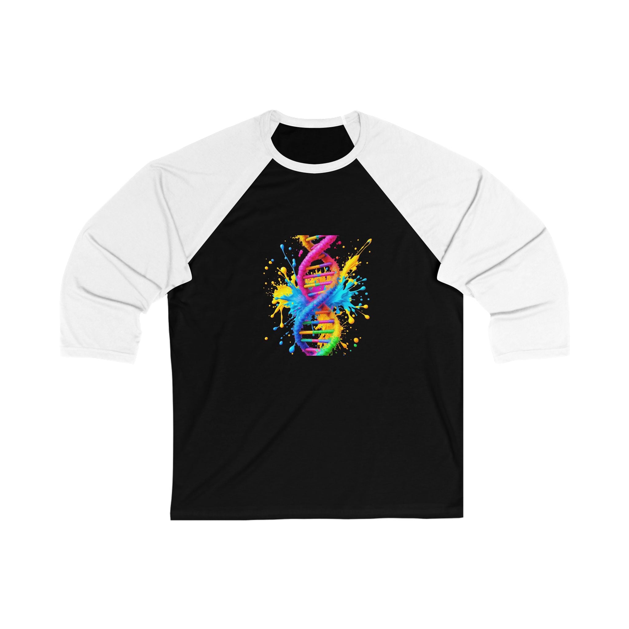 Colorful DNA Splash Baseball Tee for Science Lovers, Unisex Casual Shirt, Gift for Geneticists, Graduation Tee, STEM Inspired Apparel