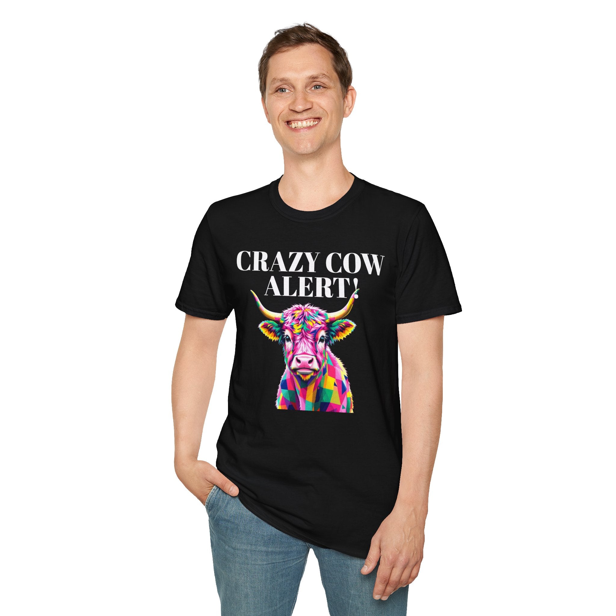 Colorful Cow Alert T-Shirt, Funny Cow Tee, Animal Lover Gift, Quirky Casual Wear, Farm Animal Shirt, Unique Graphic Tee