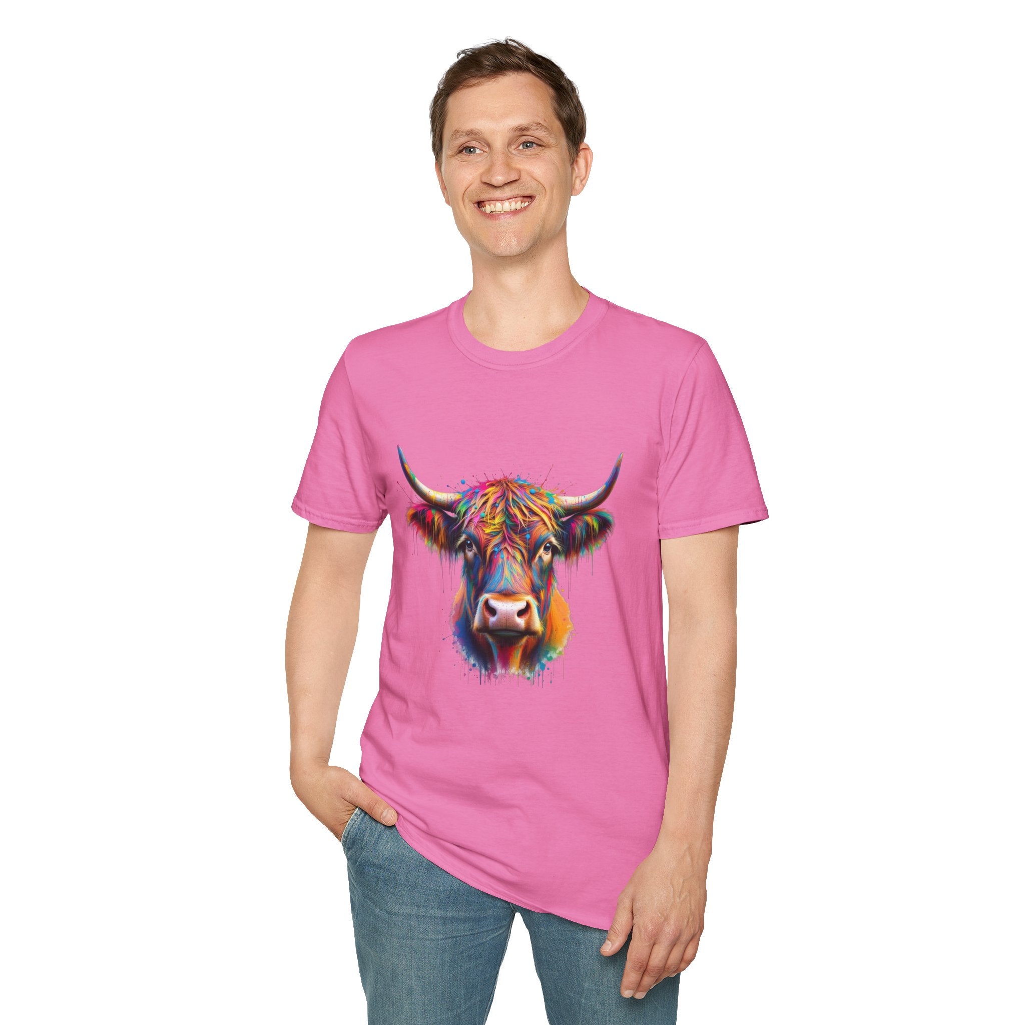 Highland Cow Graphic T-Shirt, Fun Farm Animal Tee, Cute Gift for Cow Lovers, Unisex Softstyle Shirt for Casual Wear