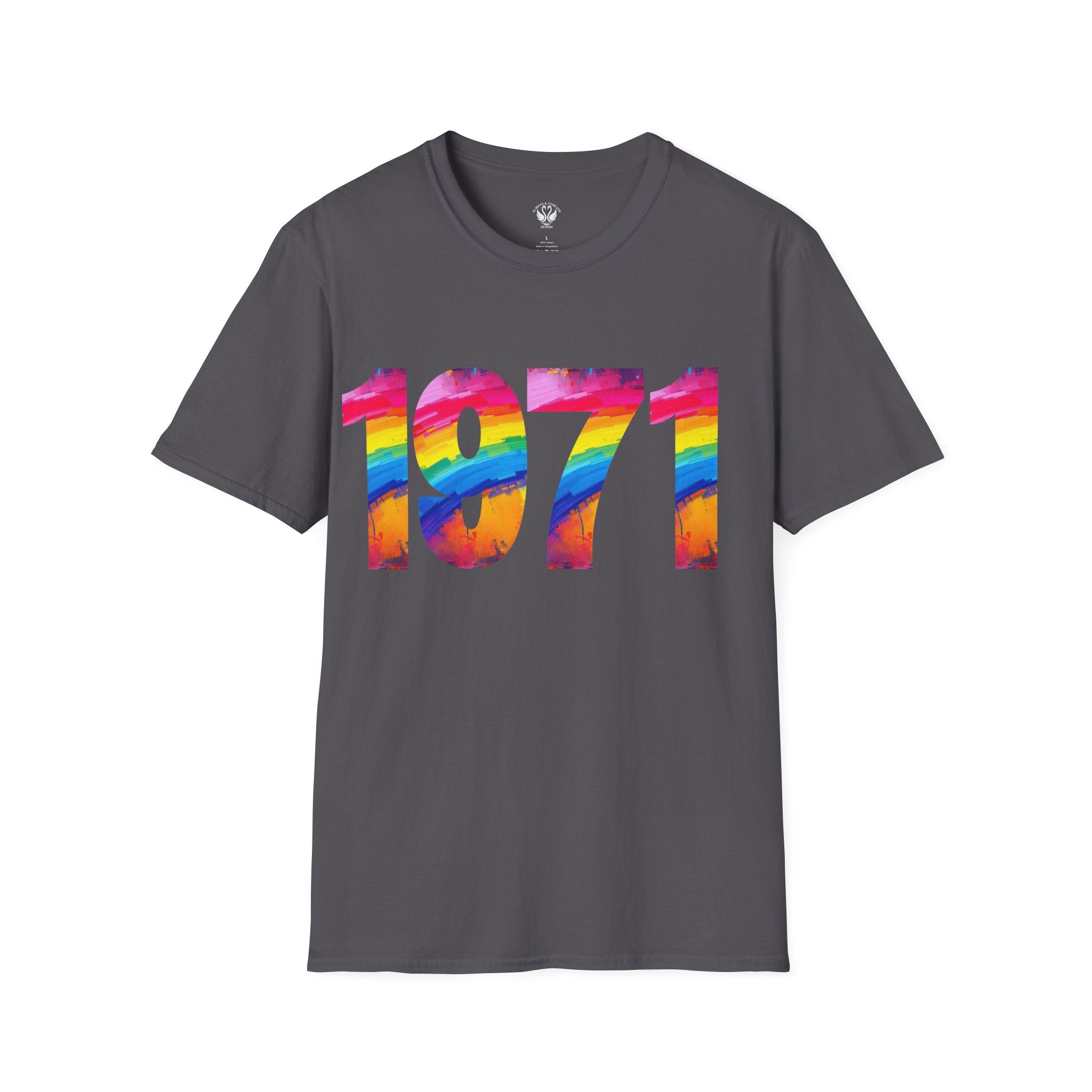 Rainbow Retro 1971 Unisex Softstyle T-Shirt | Colorful Vintage Tee for Pride, Birthdays, Casual Wear, and Everyday Style
