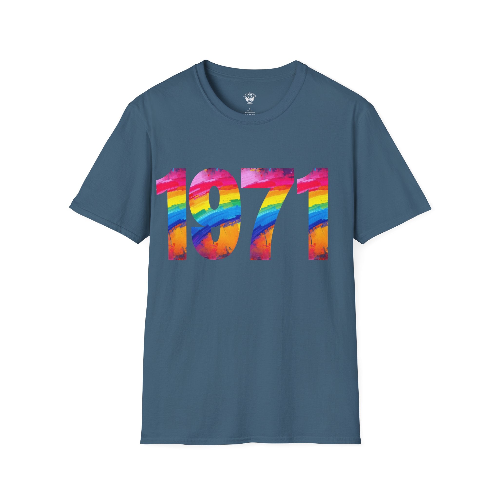 Rainbow Retro 1971 Unisex Softstyle T-Shirt | Colorful Vintage Tee for Pride, Birthdays, Casual Wear, and Everyday Style