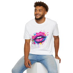 Vibrant Lip Art T-Shirt, Trendy Graphic Tee, Unisex Softstyle Shirt, Funky Fashion Top, Gift for Her, Party Wear, Summer Apparel