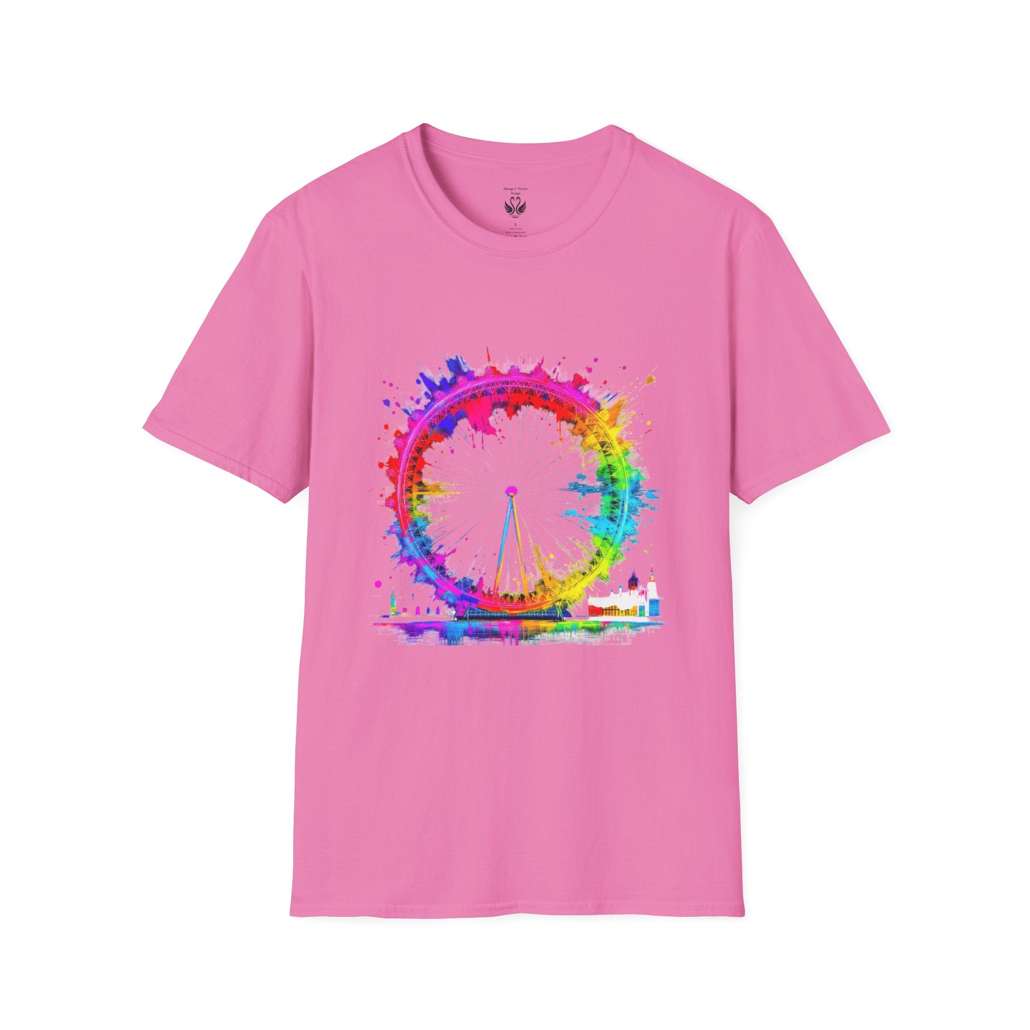 Colorful Watercolor London Eye Unisex Softstyle T-Shirt, Casual Tee, Graphic Shirt, Gift for Travel Lovers, Birthday Gift, Rainbow Art Shirt