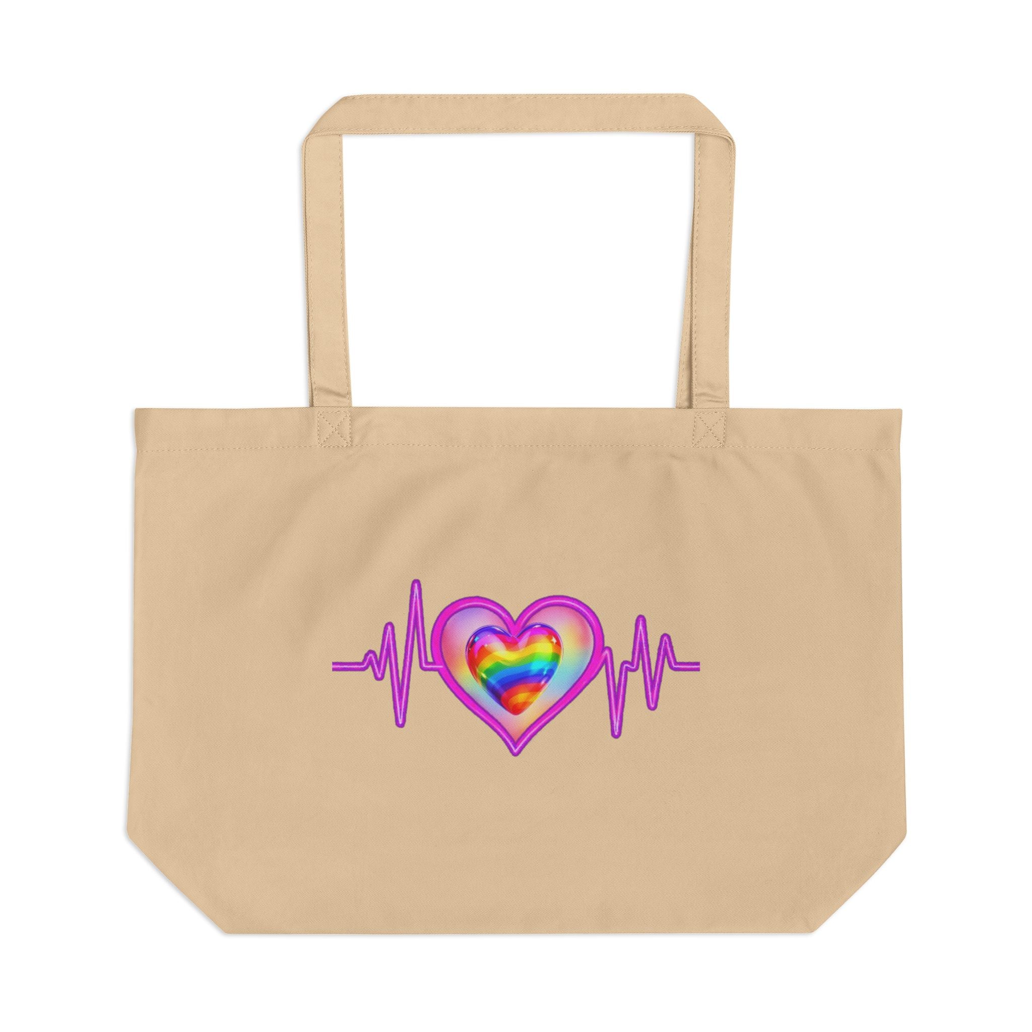 Colorful Heart Beat Eco Tote Bag | Reusable Shopping Bag, Love Tote, Pride Gift, Beach Bag, Grocery Eco Bag