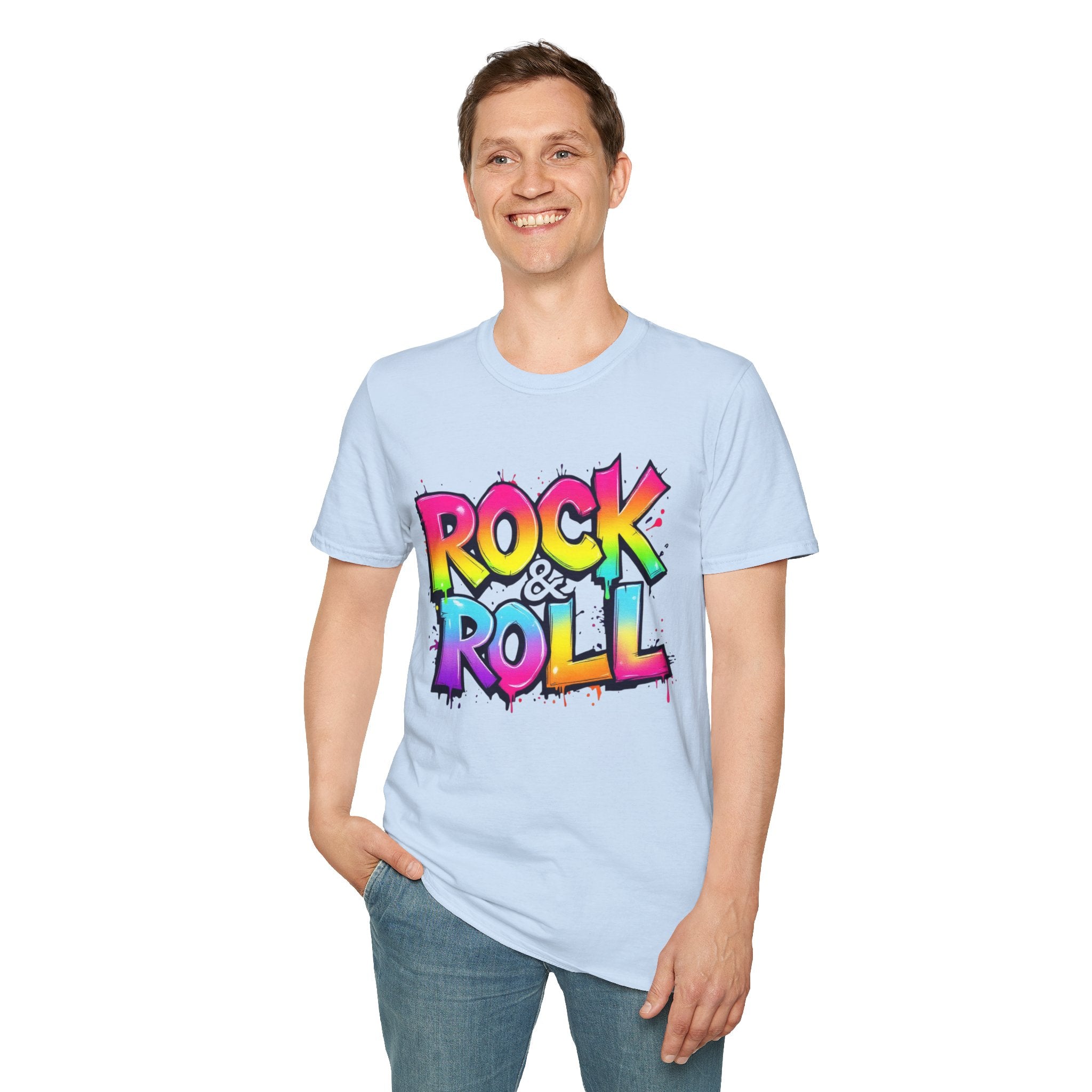 Colorful Rock & Roll Unisex Softstyle T-Shirt, Retro Tee, Music Lover Gift, Festival Wear, Rock Concert Apparel, Unisex Graphic Tee