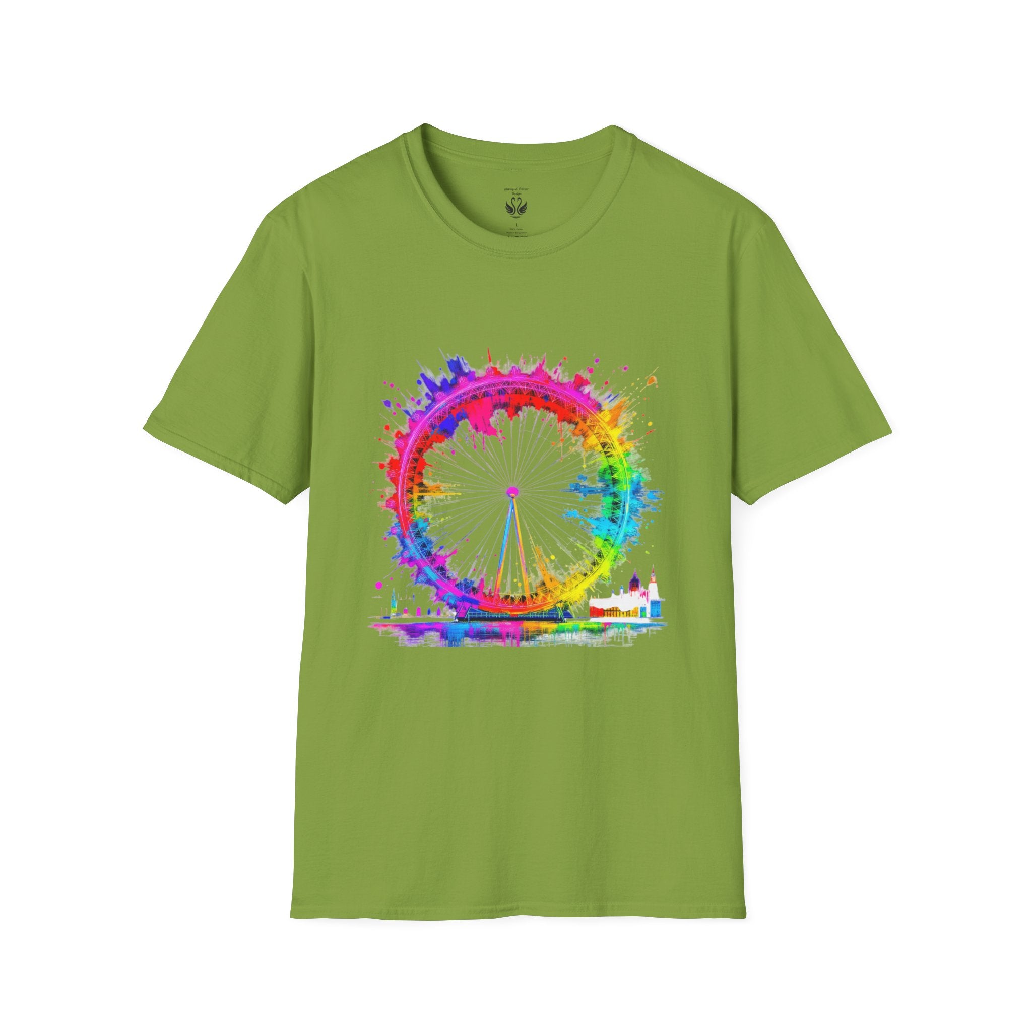 Colorful Watercolor London Eye Unisex Softstyle T-Shirt, Casual Tee, Graphic Shirt, Gift for Travel Lovers, Birthday Gift, Rainbow Art Shirt