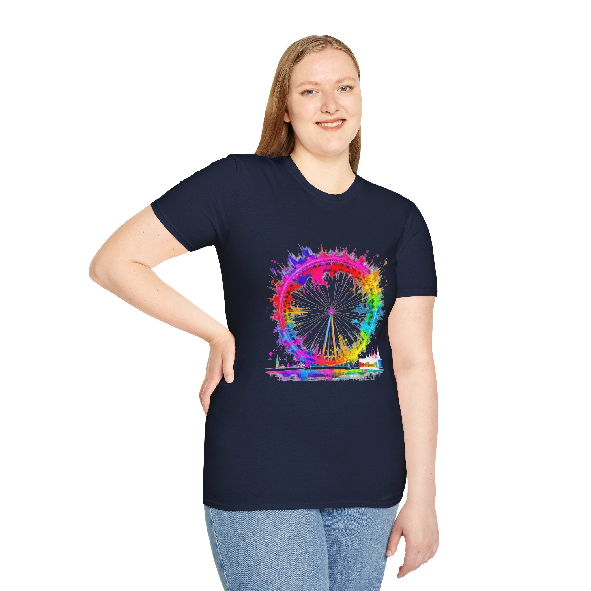 Colorful Watercolor London Eye Unisex Softstyle T-Shirt, Casual Tee, Graphic Shirt, Gift for Travel Lovers, Birthday Gift, Rainbow Art Shirt