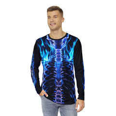 Men's Long Sleeve Graphic Tee - Cool Skeleton & Flame Design, Gothic Wear, Halloween Costume, Unisex Fashion, Unique Gift Idea