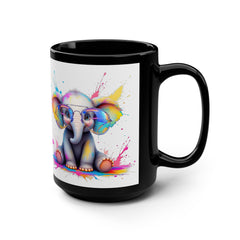 Colorful Elephant Illustration Black Mug - 15oz Artistic Coffee Cup