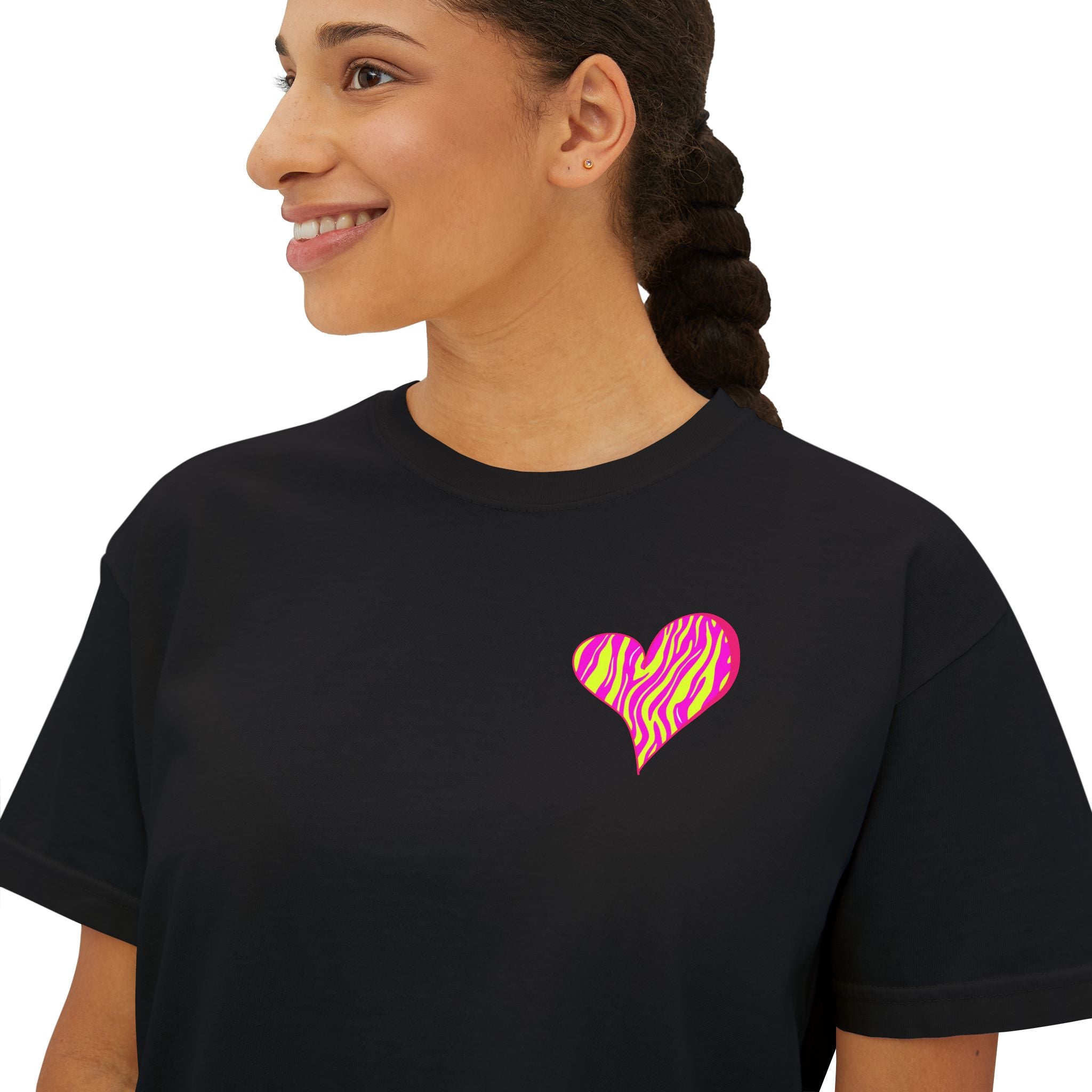 Women's Boxy Tee with Vibrant Heart and Pattern - Casual Summer Top, Gift for Her, Trendy Tee, Everyday Wear, Heart Print Shirt