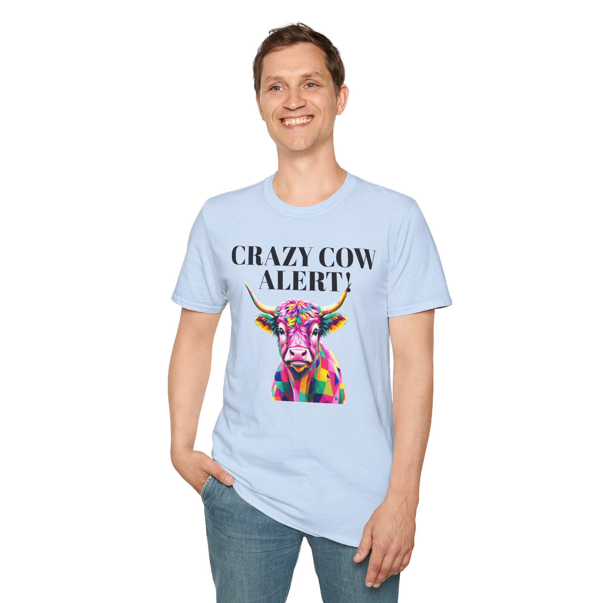 Colorful Cow Alert T-Shirt, Funny Cow Tee, Animal Lover Gift, Quirky Casual Wear, Farm Animal Shirt, Unique Graphic Tee