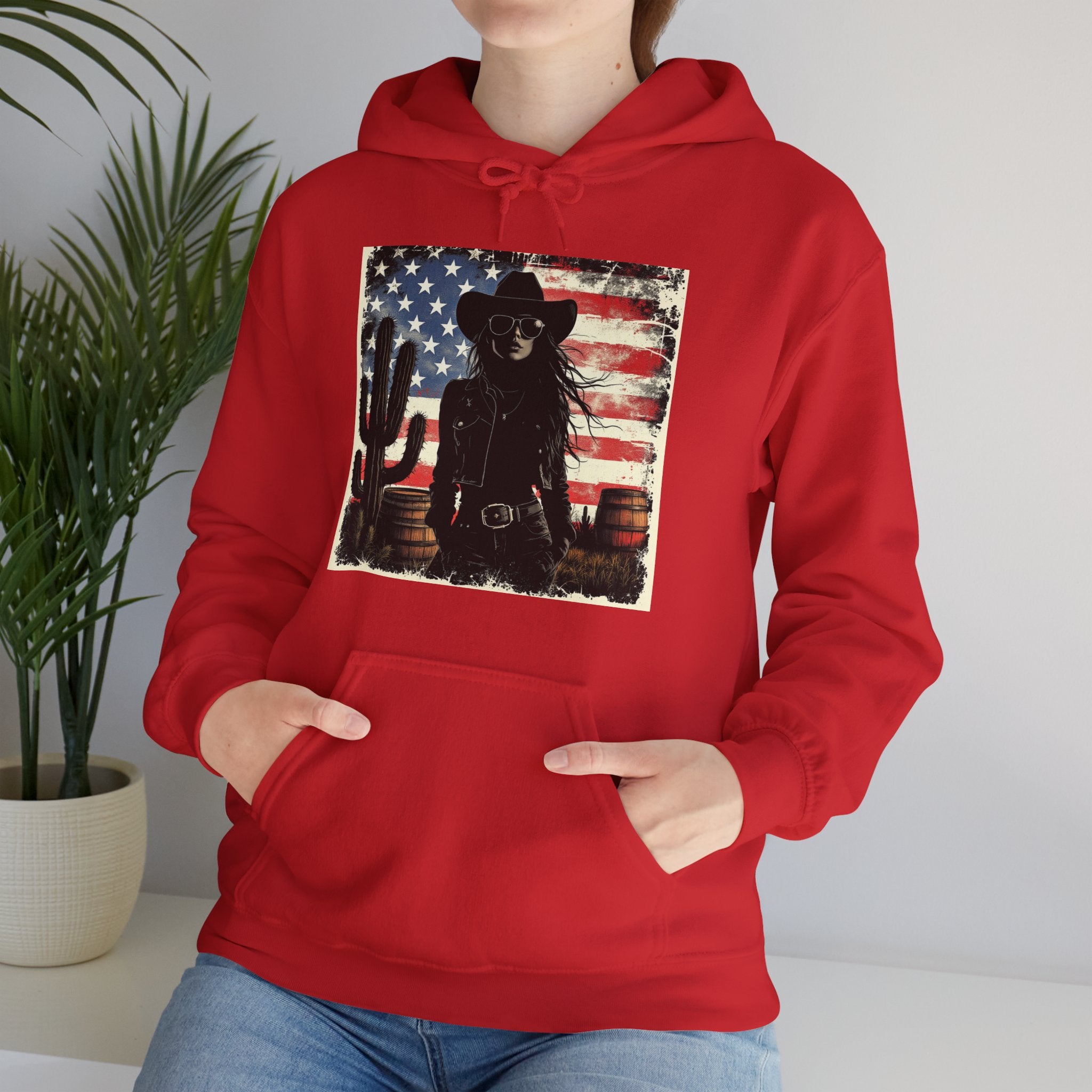 Western Cowboy Hoodie - Unisex Heavy Blend Sweatshirt, American Flag Design, Fashion Statement, Gift for Him, Cozy Apparel