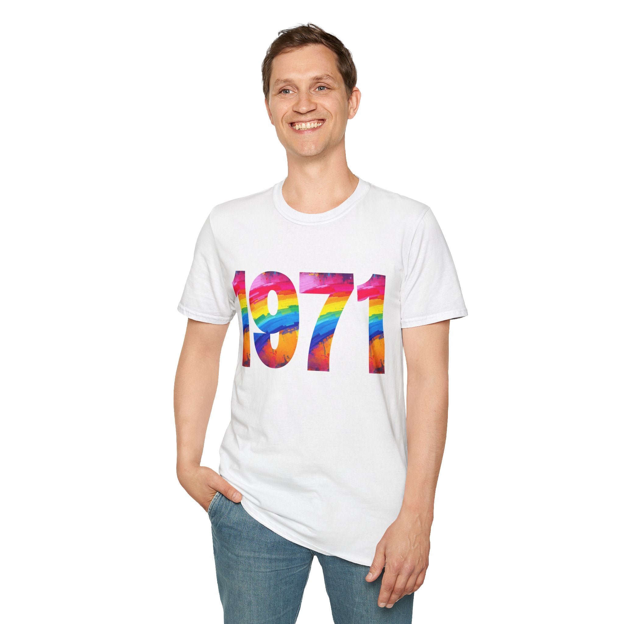 Rainbow Retro 1971 Unisex Softstyle T-Shirt | Colorful Vintage Tee for Pride, Birthdays, Casual Wear, and Everyday Style