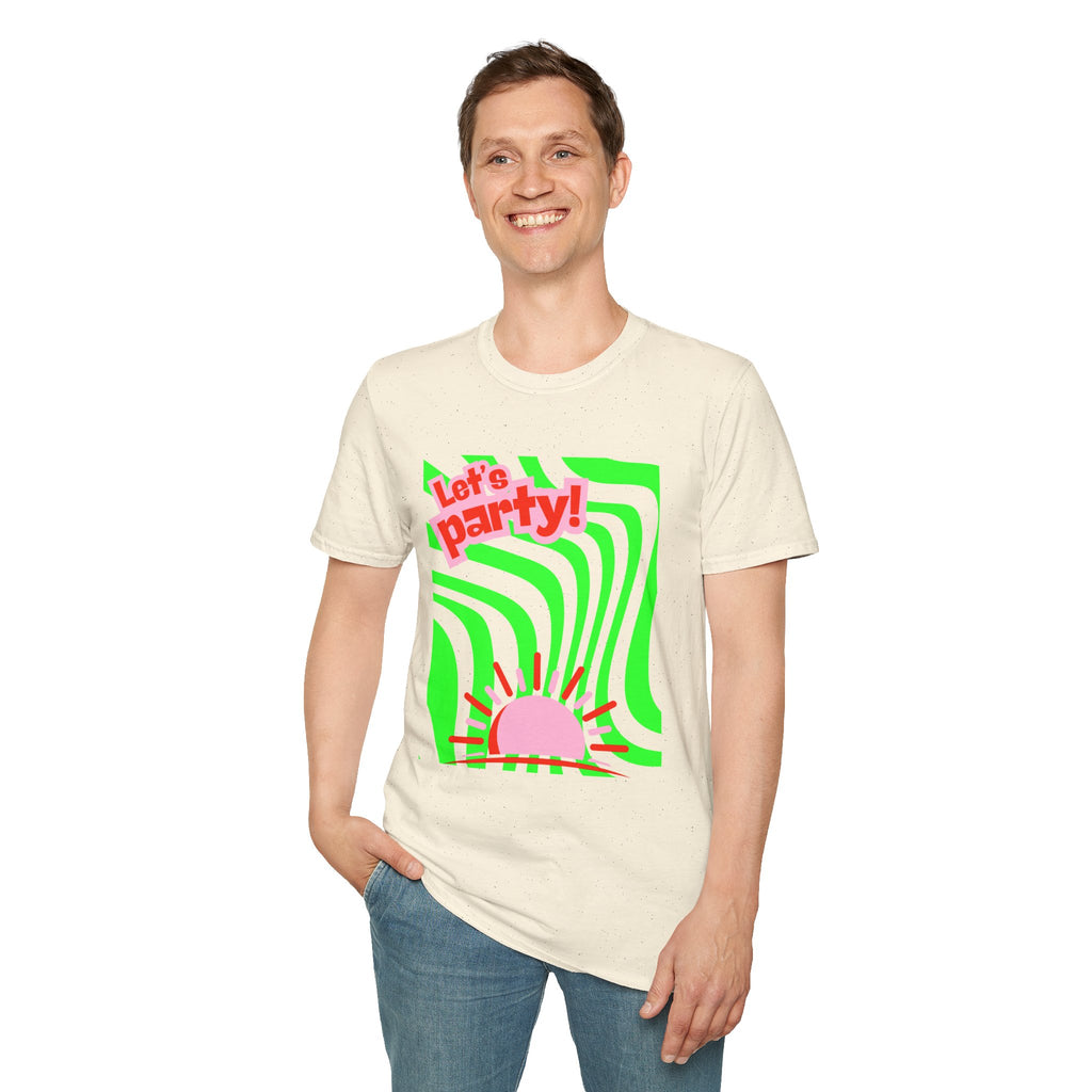 Let's Party Unisex Softstyle T-Shirt, Vibrant Summer Tee, Fun Graphic Shirt, Casual Wear, Birthday Gift, Festival Fashion