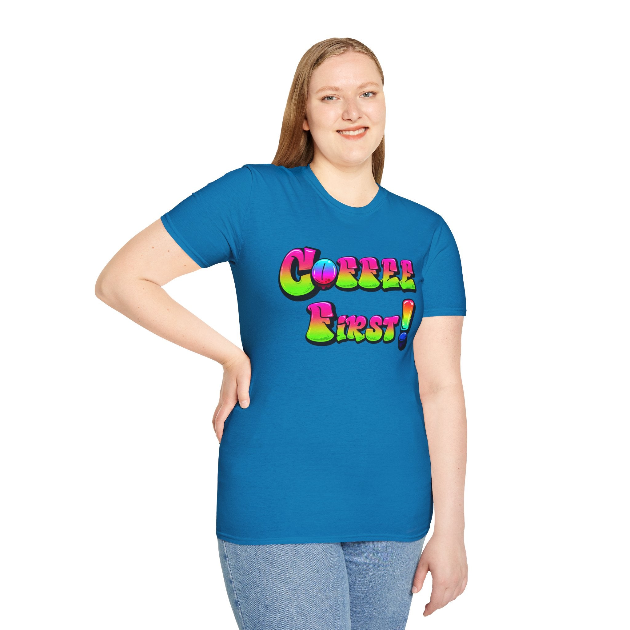 Coffee First Unisex Softstyle T-Shirt, Funny Graphic Tee, Gift for Coffee Lovers, Casual Wear, Perfect for Birthdays, Everyday Comfort