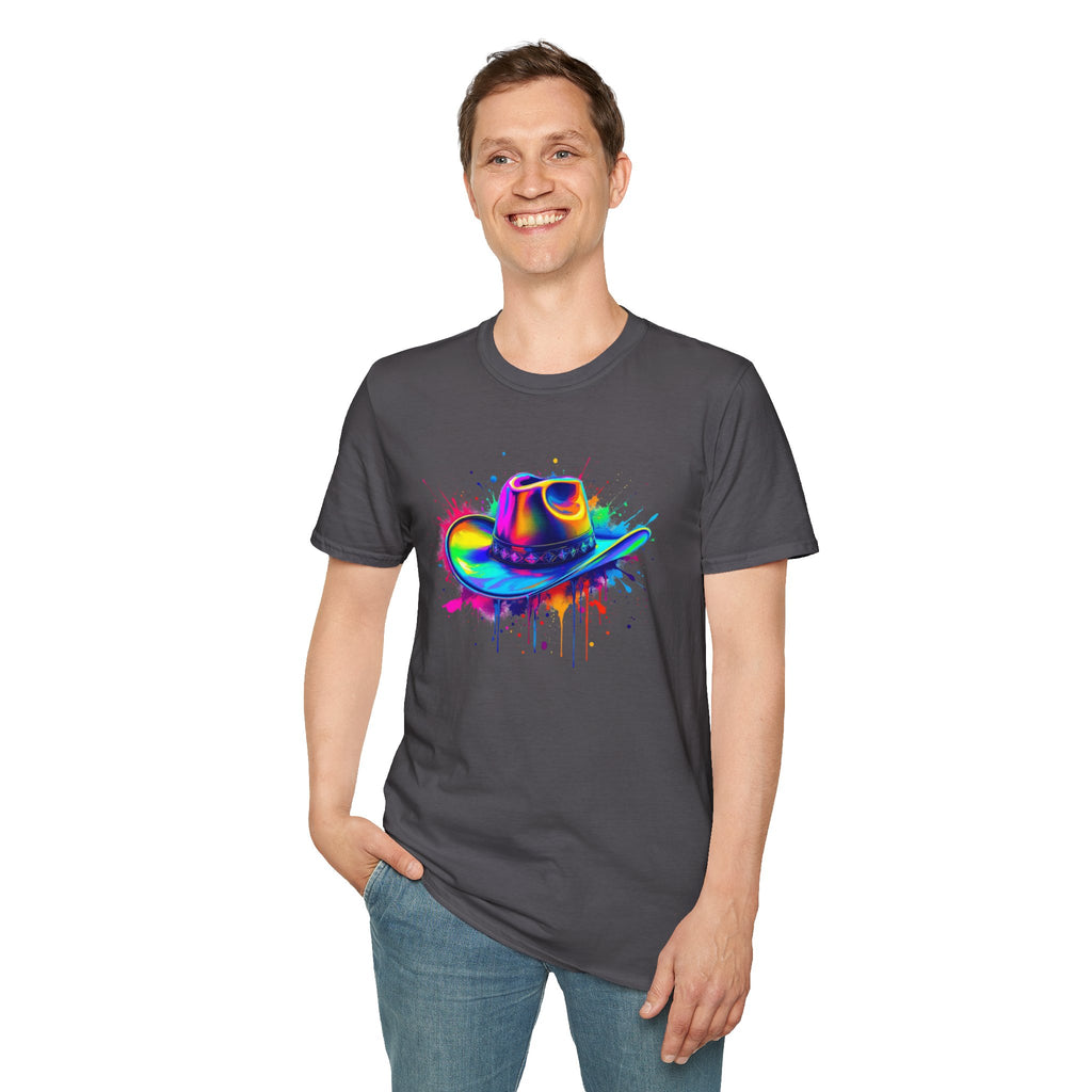 Colourful Cowboy Hat Unisex T-Shirt, Fun Graphic Tee, Festival Wear, Summer Celebration Shirt, LGBTQ Pride Apparel, Gift for Friends