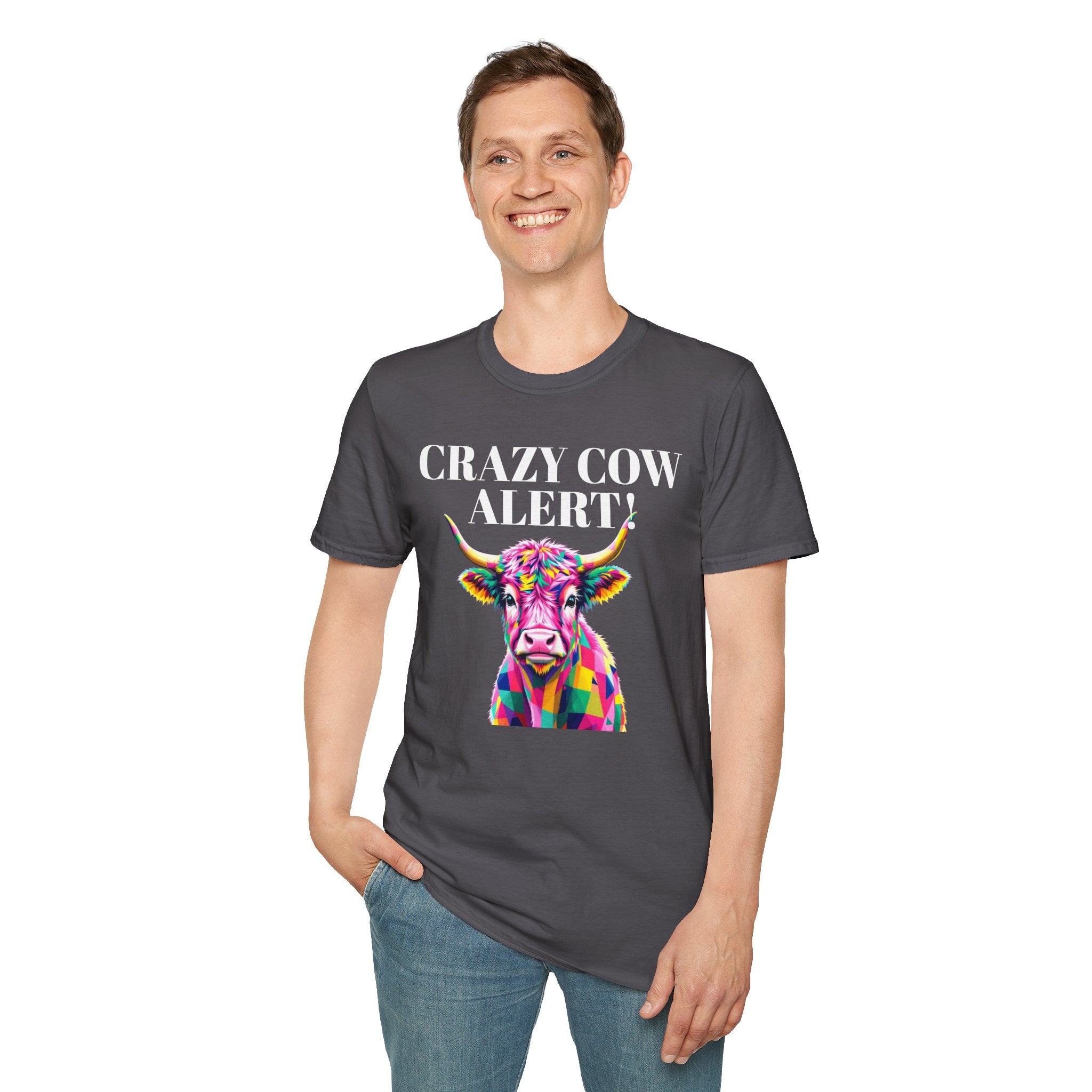 Colorful Cow Alert T-Shirt, Funny Cow Tee, Animal Lover Gift, Quirky Casual Wear, Farm Animal Shirt, Unique Graphic Tee