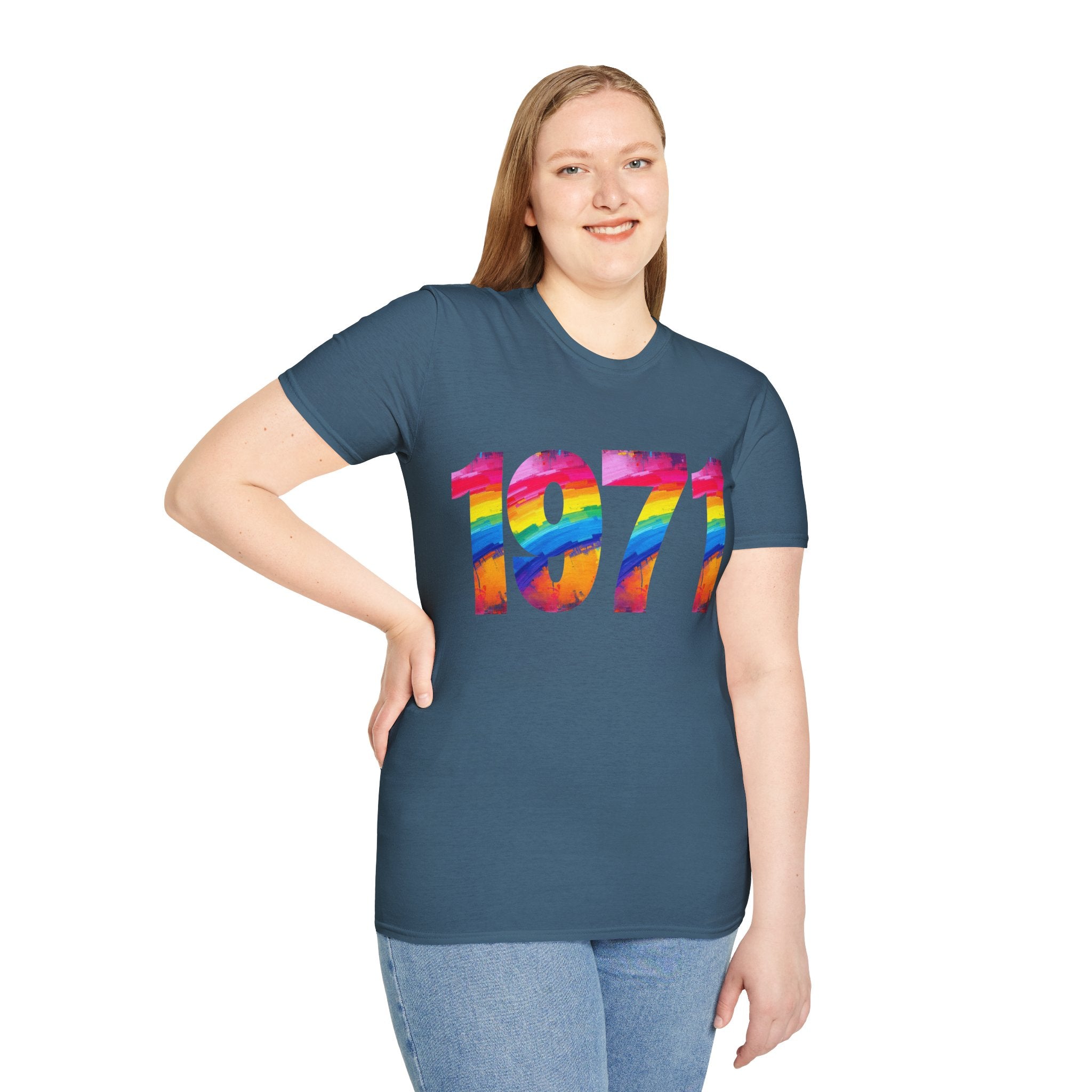 Rainbow Retro 1971 Unisex Softstyle T-Shirt | Colorful Vintage Tee for Pride, Birthdays, Casual Wear, and Everyday Style