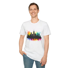 Colorful Skyline Unisex Softstyle T-Shirt | Urban Vibe Shirt | Gift for City Lovers | Summer Fashion | Streetwear